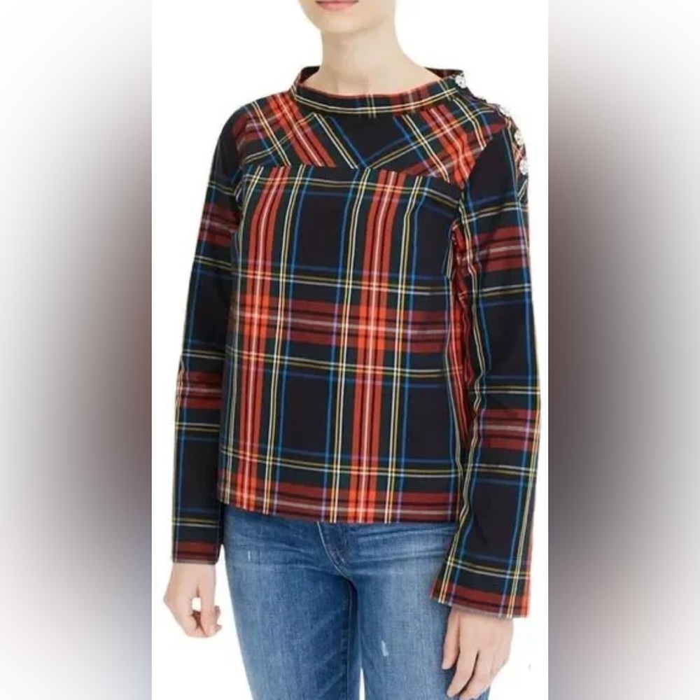 J Crew Funnelneck Tartan Plaid Shirt with Rhinestone buttons-NWT